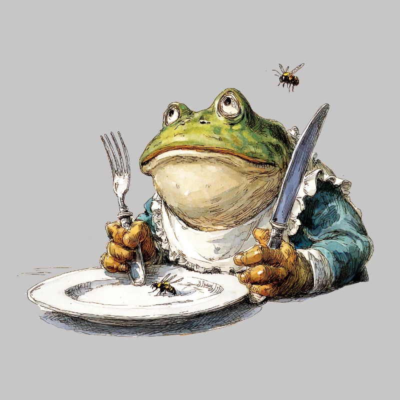 Frog at the table with cutlery
