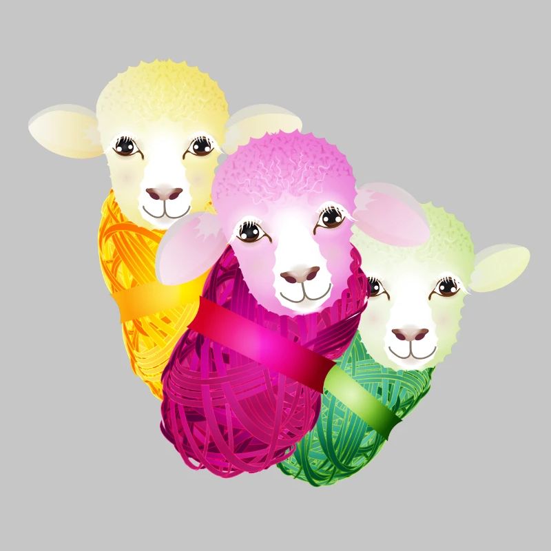three colourful sheep with colour-coordinated wool