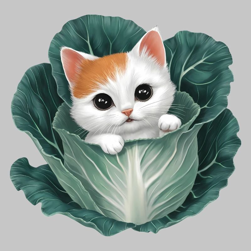 Kitten Peeking from Cabbage Leaf