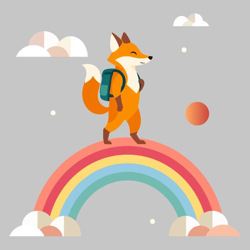 Cheerful fox with backpack on rainbow
