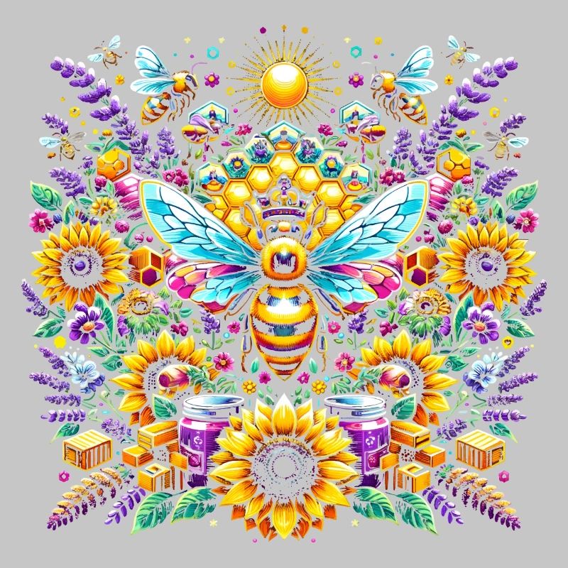 Vibrant, colorful artwork with bees