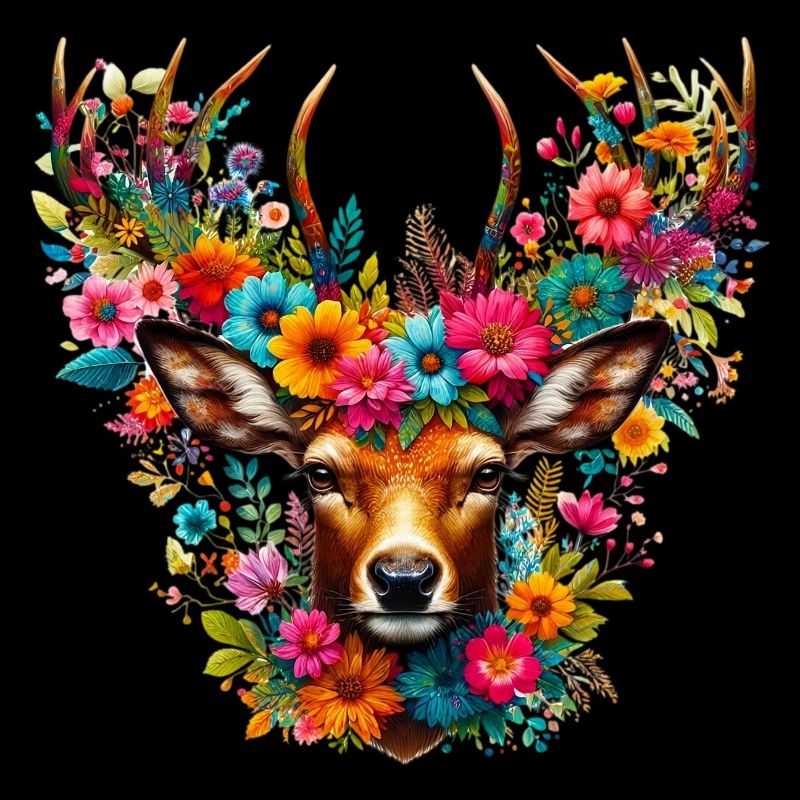 Hirsch mit Blumen geschmückt
