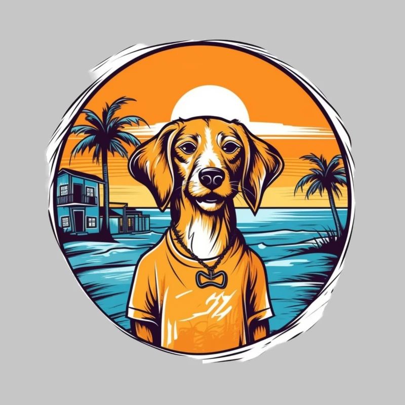 Chien avec coucher de soleil sur la plage