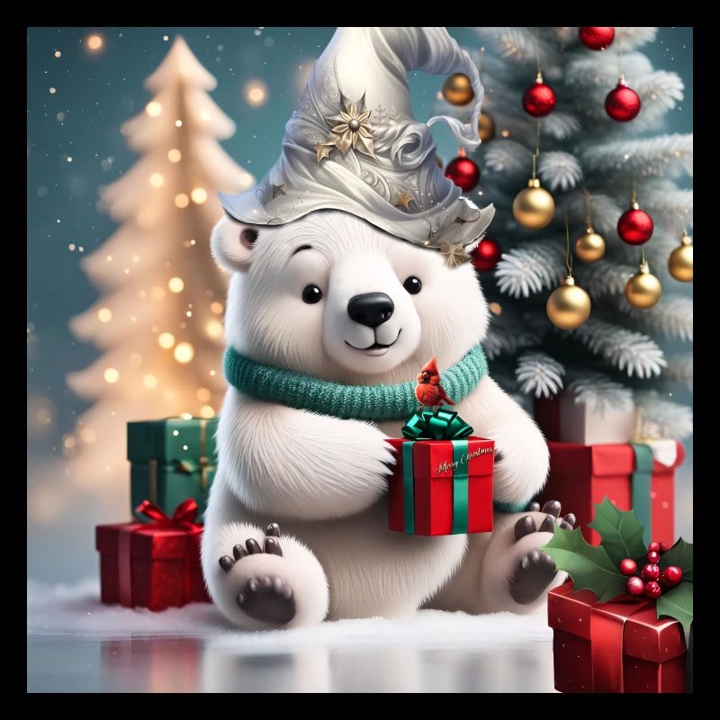 Cute fluffy Christmas polar bear with gift.