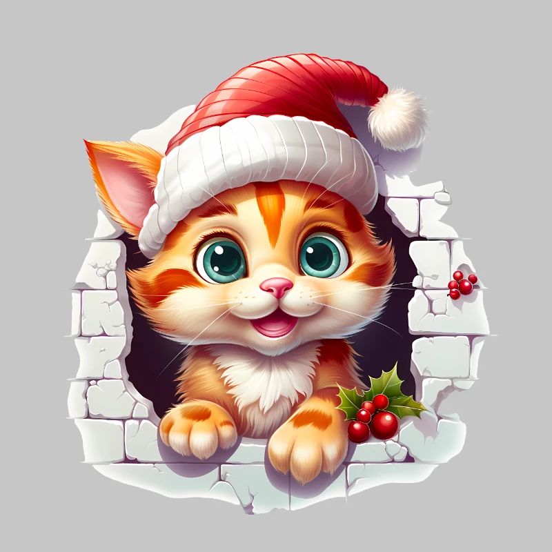 Chat avec chapeau de père Noël dans le trou dans le mur