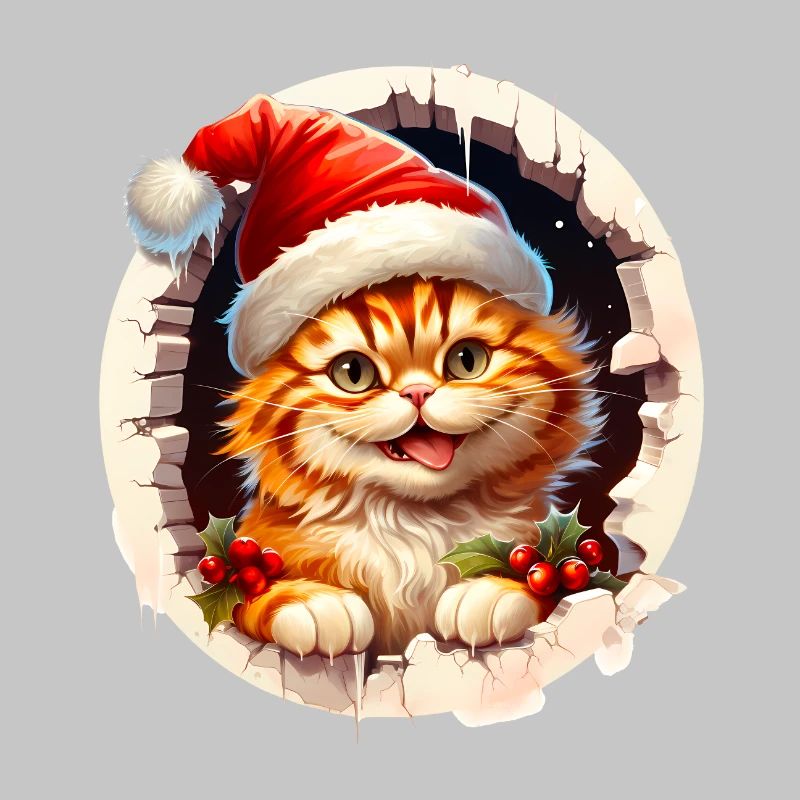 Chat de Noël sortant d’un trou