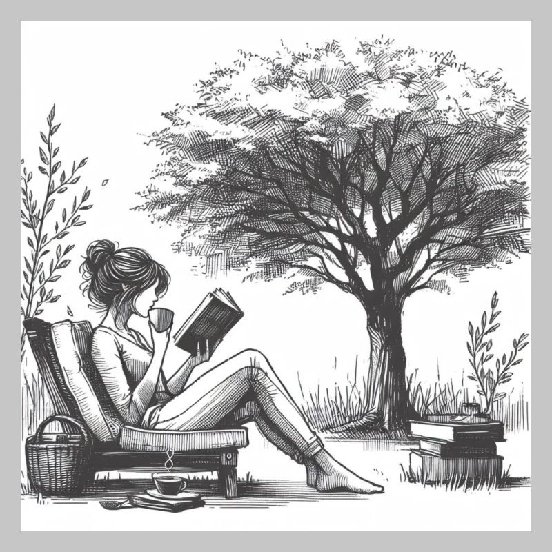 Frau trinkt Kaffee und liest ein Buch