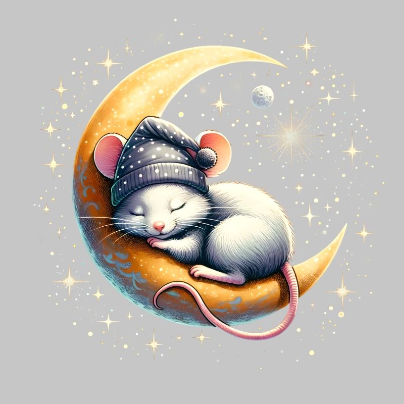 peacefully sleeping mouse, on a crescent moon