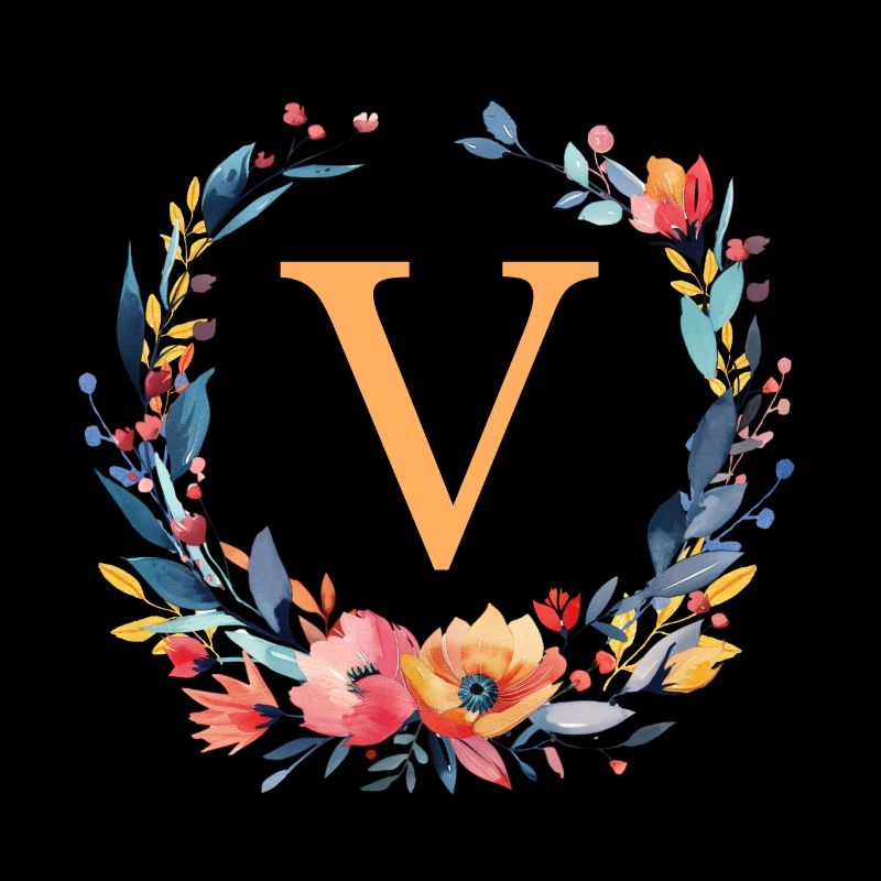 V Monogramm, Blumen-Kranz, personalisierbar