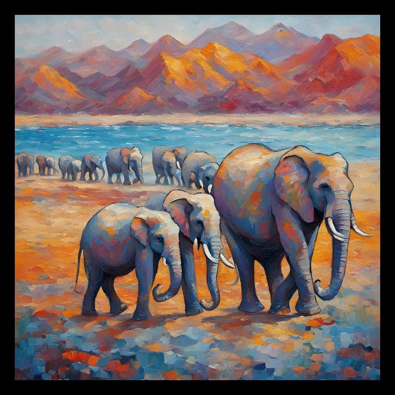 Farbenfrohe Elefanten am Fluss