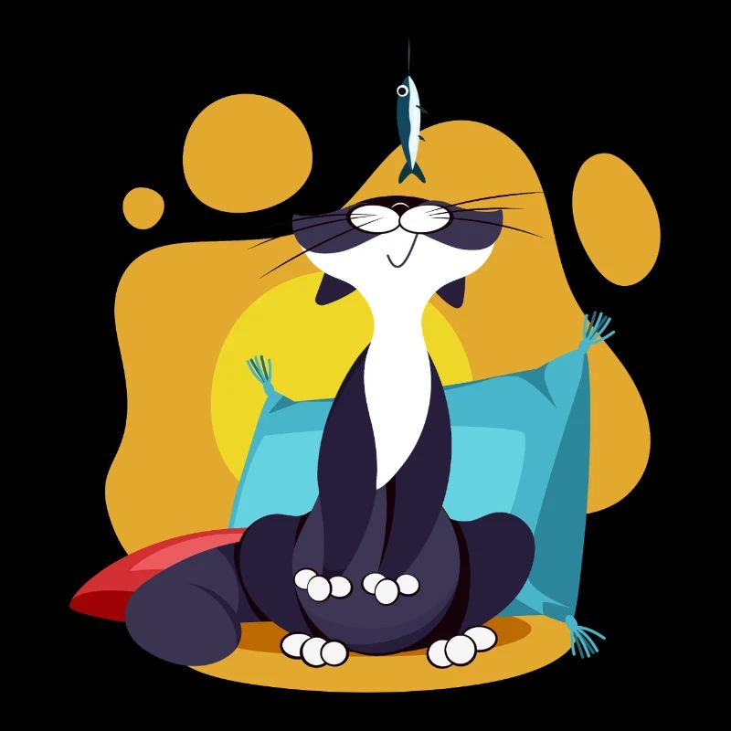 Cat Sniffing a Sardine Colorful Comic Comic Cartoon