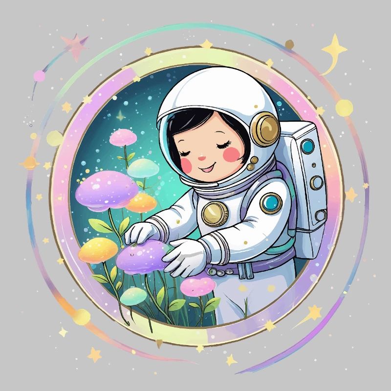 Fille astronaute avec des champignons - Conception spatiale mignonne