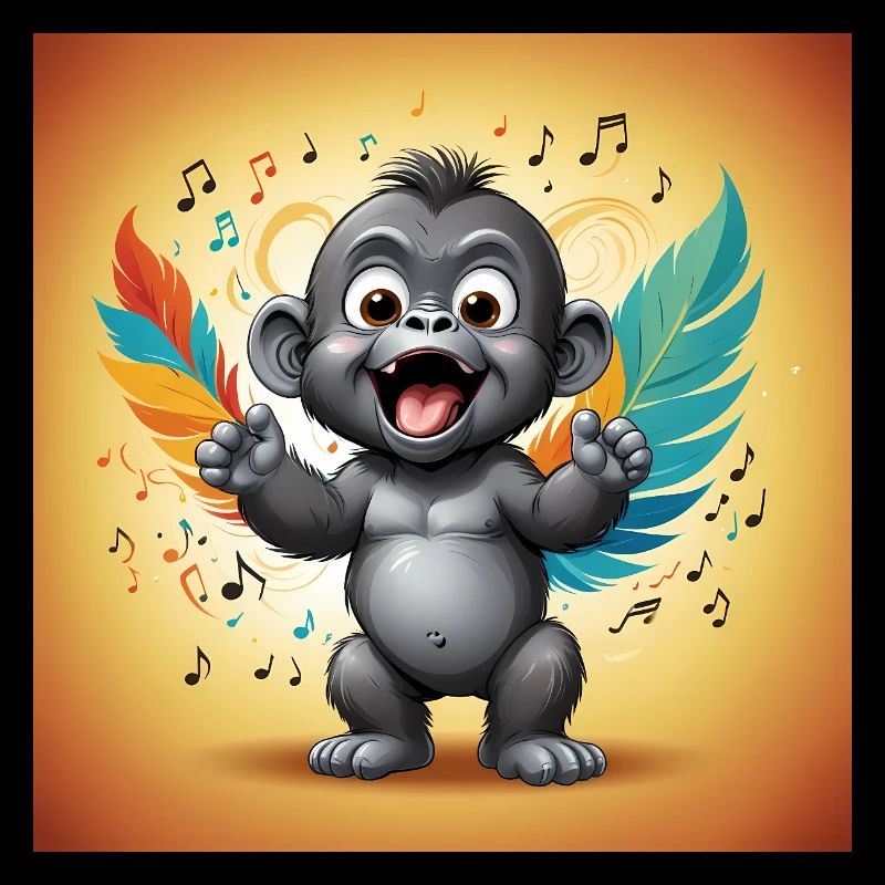 Singe Animé Plumes Colorées et Notes de Musique