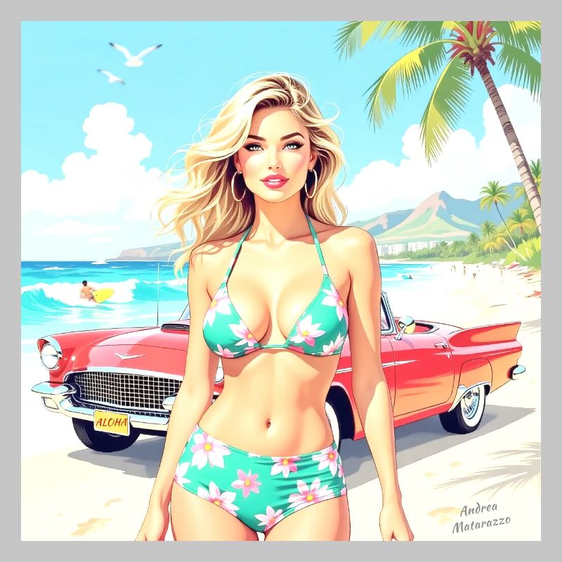 Frau am Strand mit Oldtimer