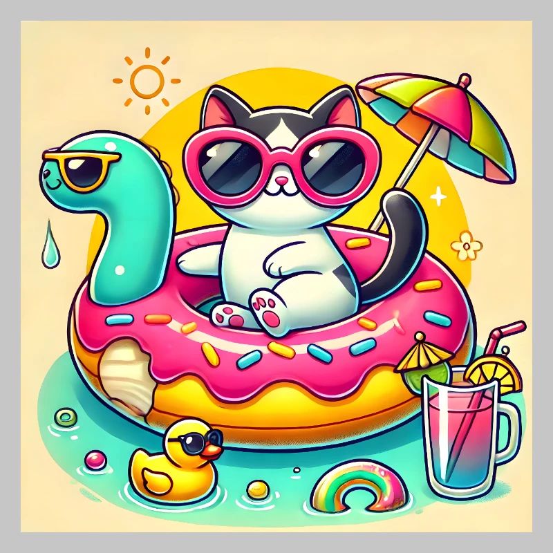 Chat Mignon sur Bouée Piscine Colorée