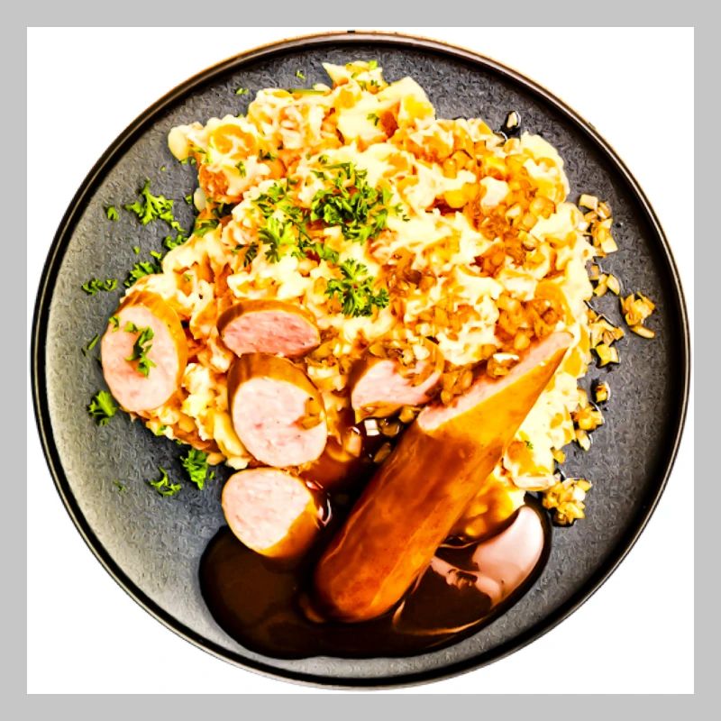 Dish with sausage and mashed potatoes