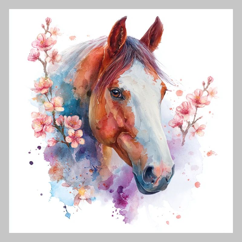 Aquarelle Cheval et Fleurs