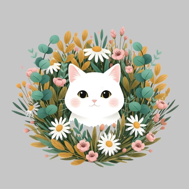 Tête de chat dans une couronne de fleurs