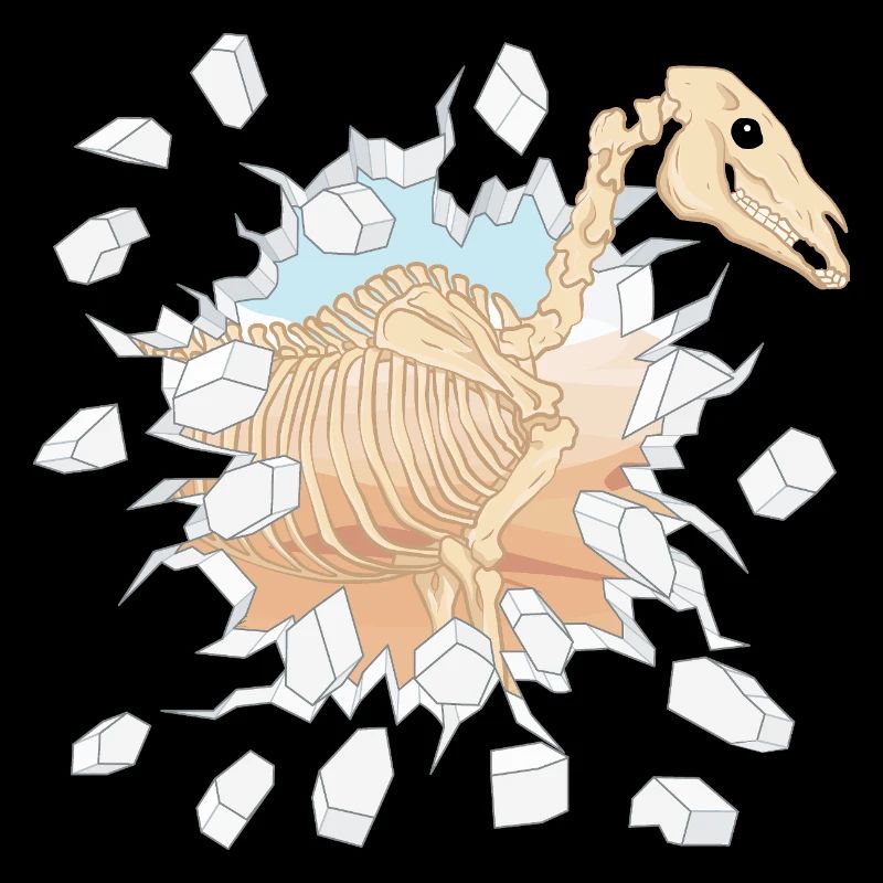 Le squelette d'un cheval traversant un mur