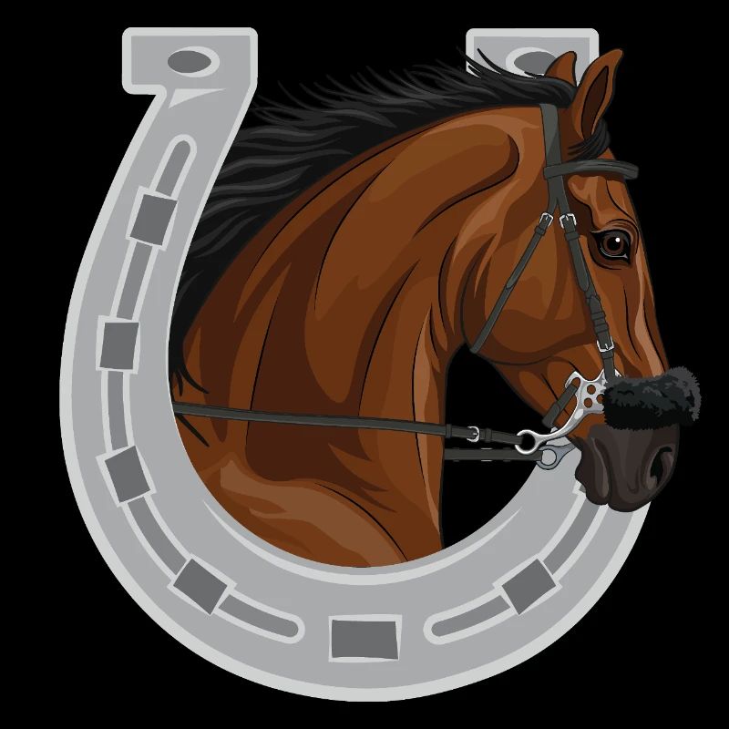 Der Kopf eines braunen Pferdes und eines Hufeisens