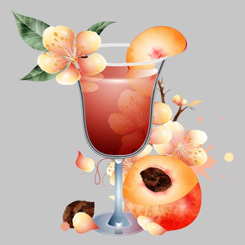 Cocktail with peach half and peach blossoms