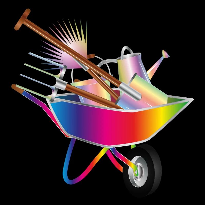 farbenfrohe Gartengeräte in einer Schubkarre