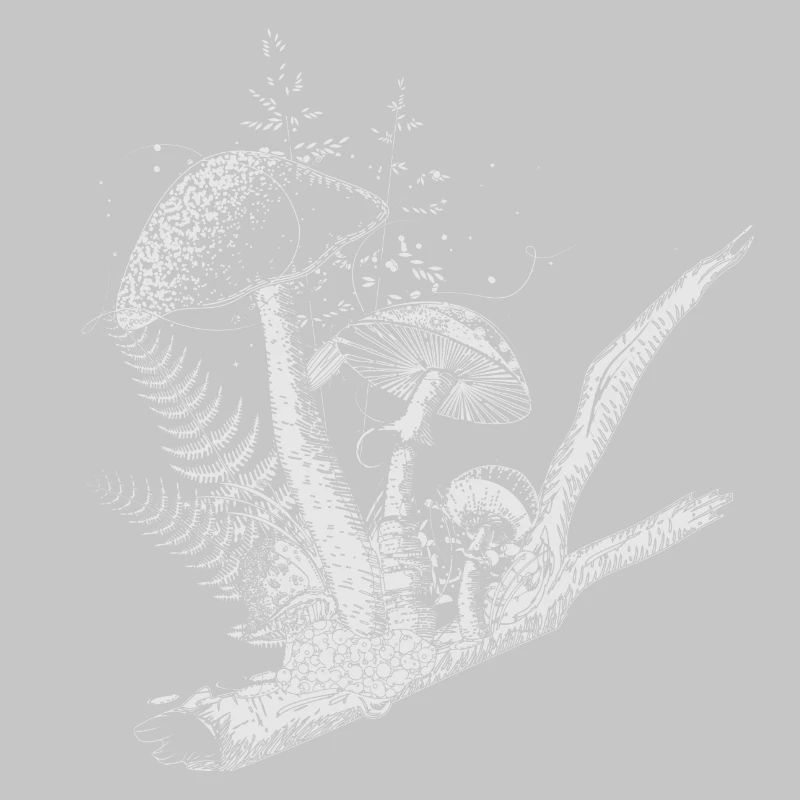 composition dessinée champignons forestiers, graminées et branches