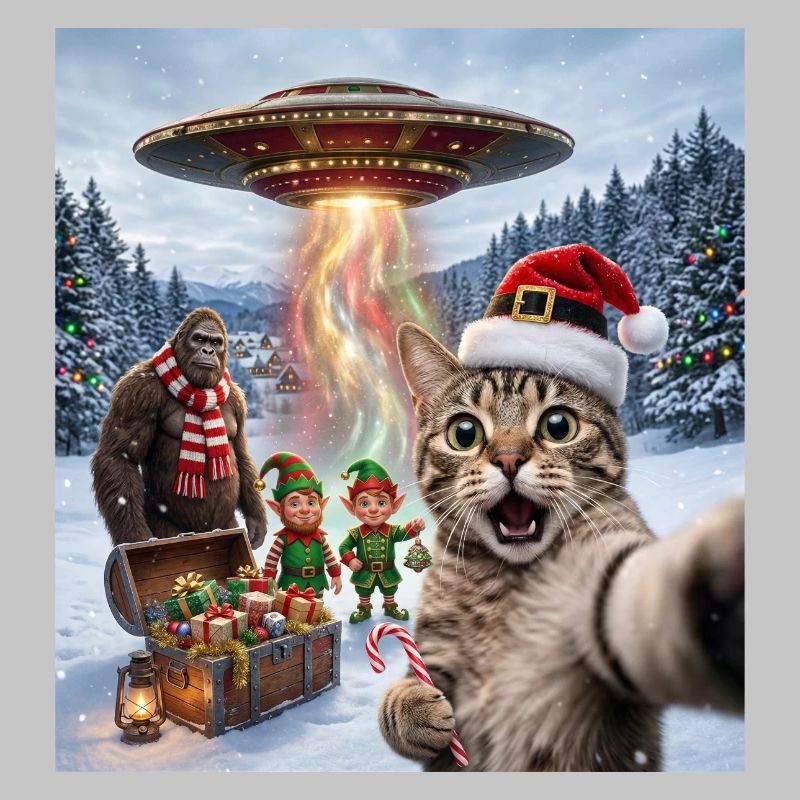 Chat de Noël dans un selfie d’OVNI