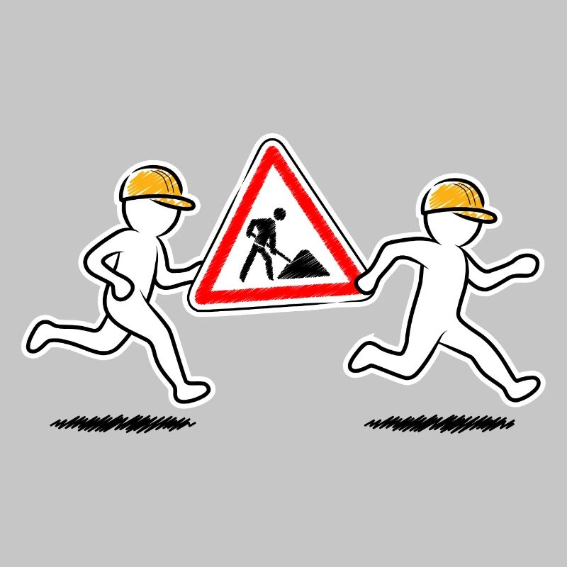 Two construction workers carry a construction site sign