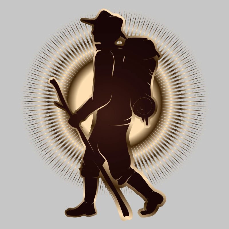Pilgrim or hiker with walking stick & backpack