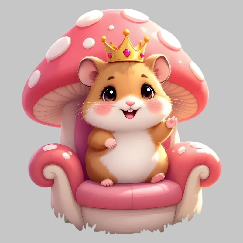 Mignon hamster avec couronne sur le trône champignon