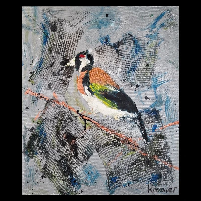 Peinture acrylique avec Stiglitz sur branche d’arbre