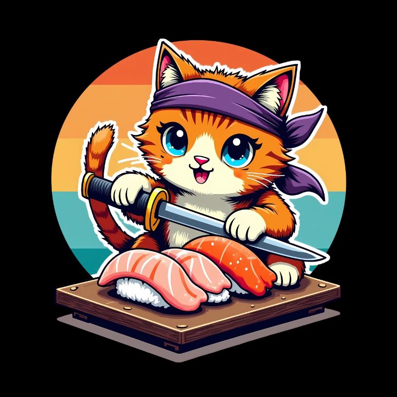 Sushi Master Cat with Sunset holding Katana knife