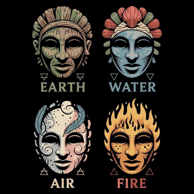 Vier Elementarmasken | Alchemistische Symbole Kunst