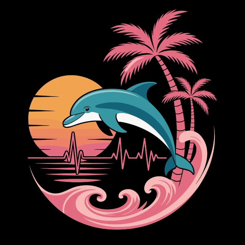 Coucher de soleil avec dauphins et palmiers