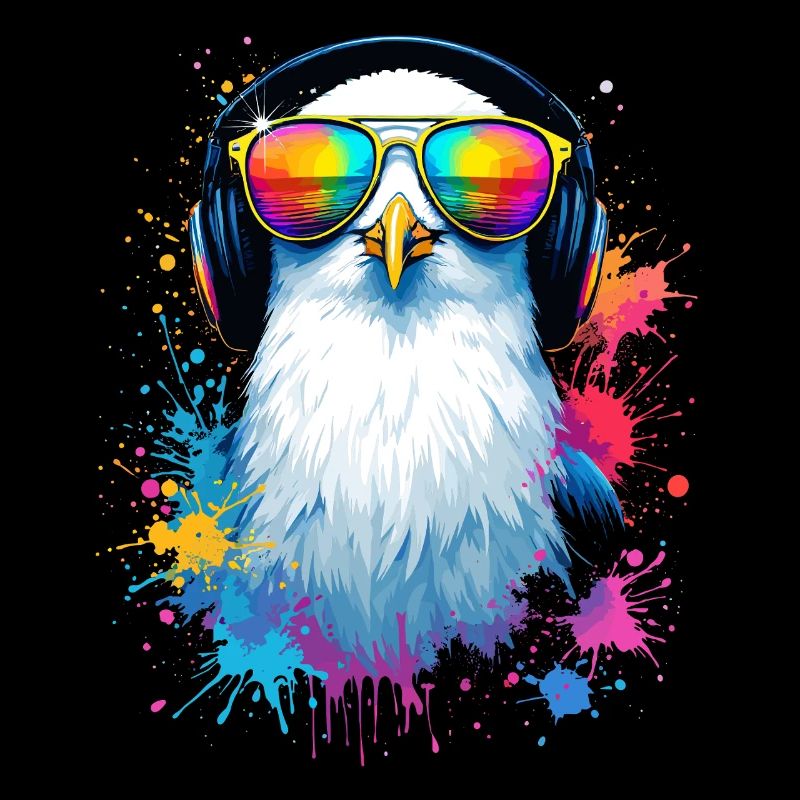 Bunte Möwe Vogel mit Kopfhörer Sonnenbrille