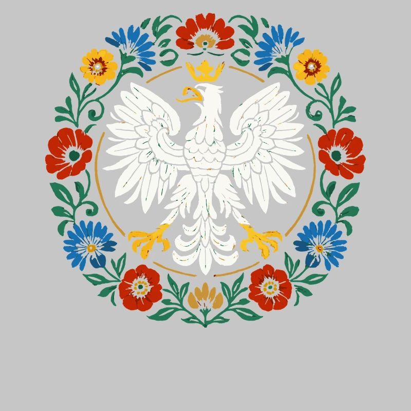Polish Eagle Folk Emblem with Flowers