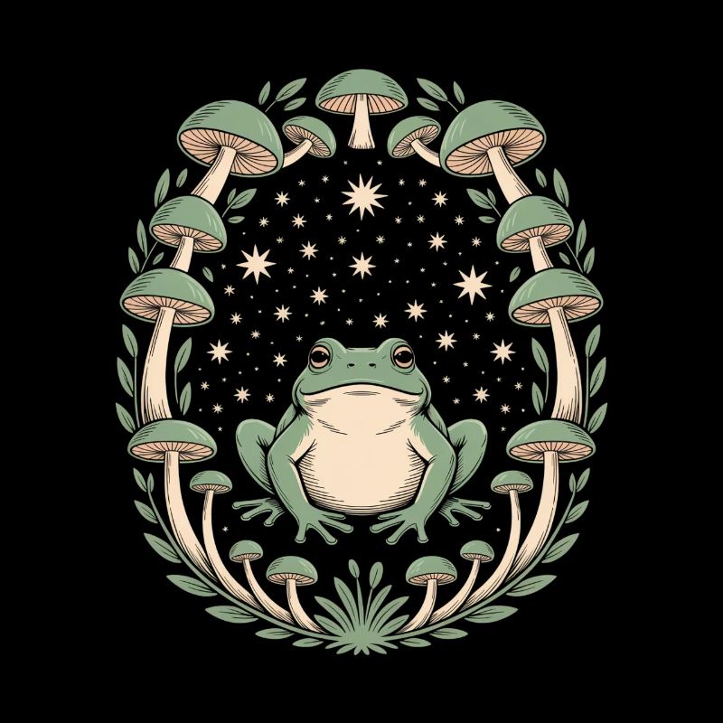Magical frog and mushrooms in the starry sky