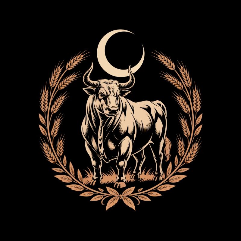 Taurus Zodiac Sign Under Crescent Moon in Wreath