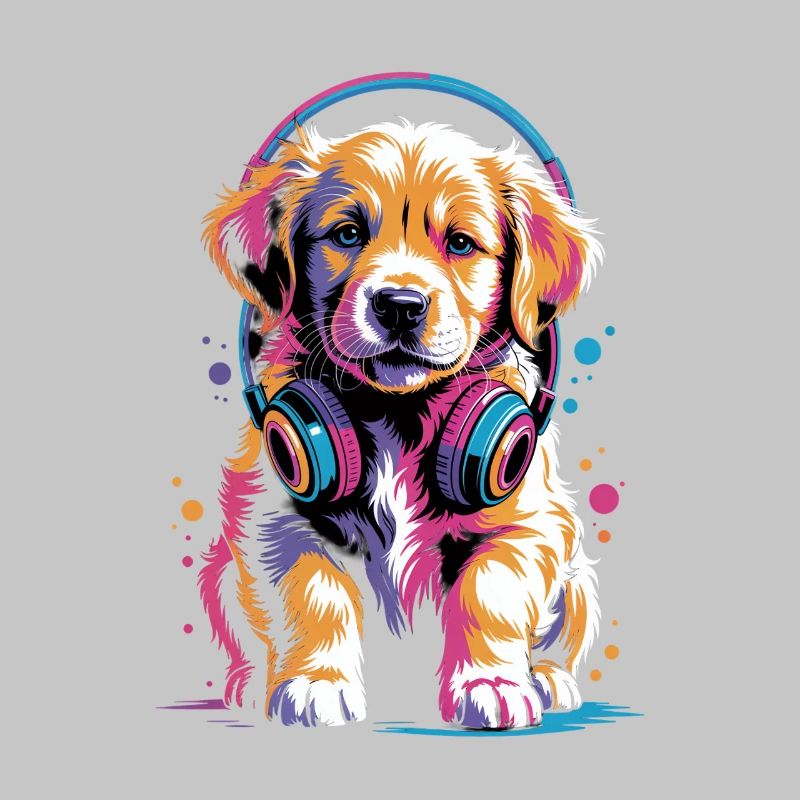 Golden Retriever Welpe mit Kopfhörer