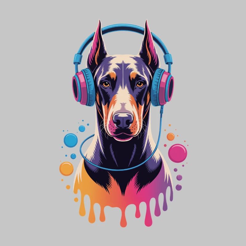Dobermann mit Kopfhörern