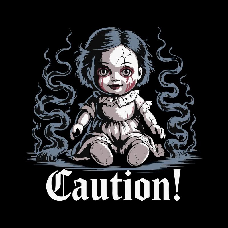 Creepy Doll with Caution Text