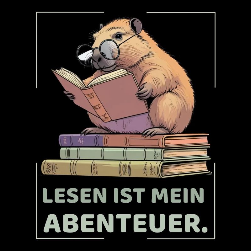 Capybara reading between stacks of books