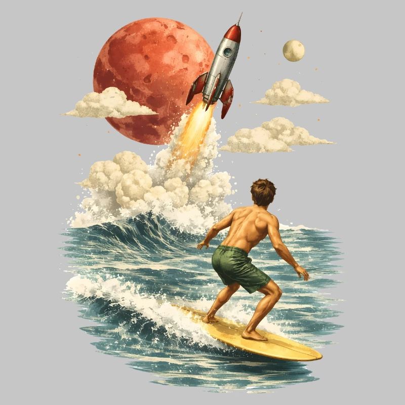 Surreal surf motif with rocket and moon