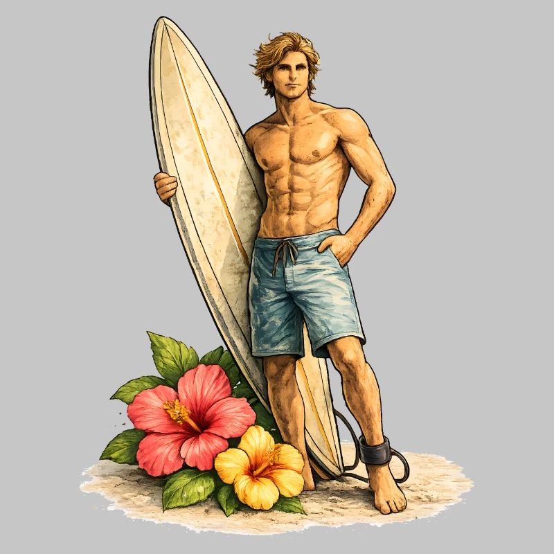 Surfer with board on tropical beach