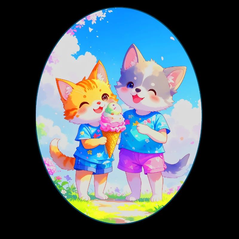 Chaton, chiot et crème glacée (ovale)