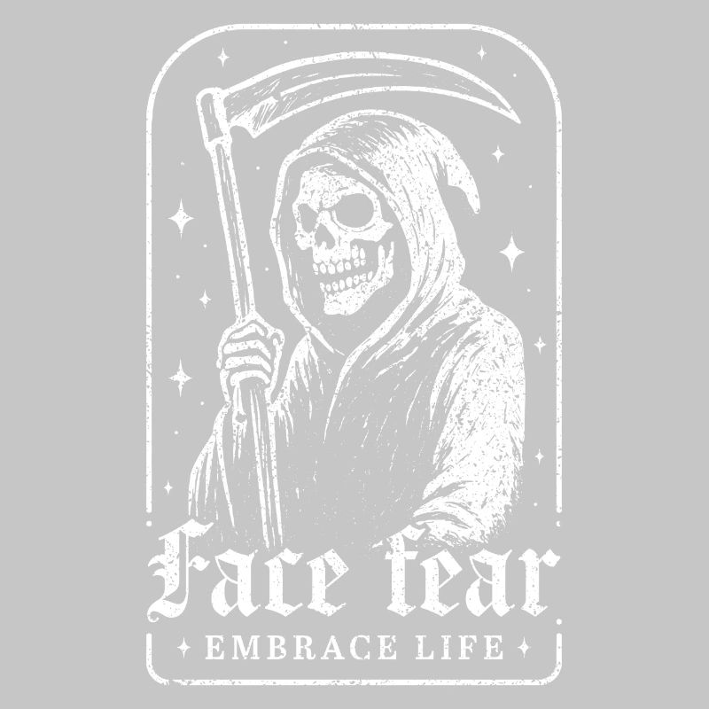 Stelle dich der Angst, umarme das Leben, Skelett, Sensenmann,