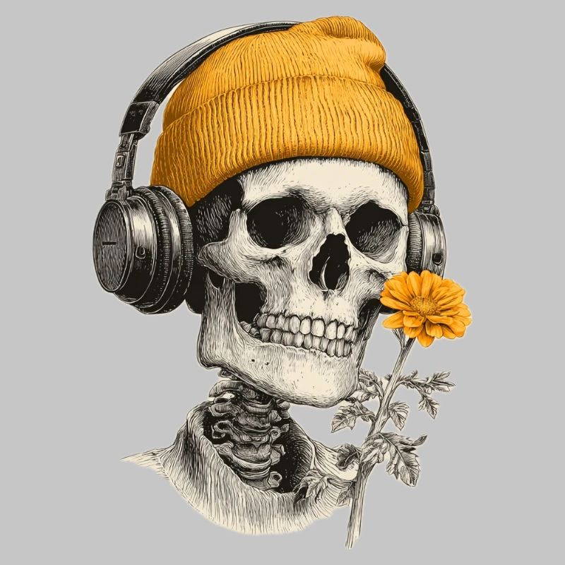 Crâne avec capuchon jaune et casque