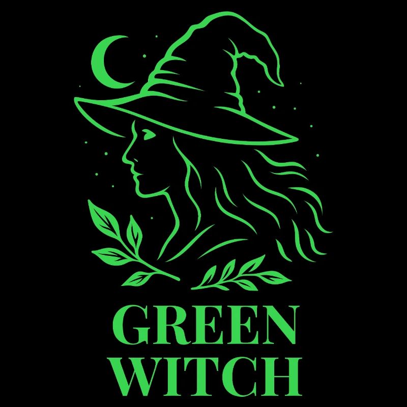 Sorcière verte avec lune et feuilles en vert