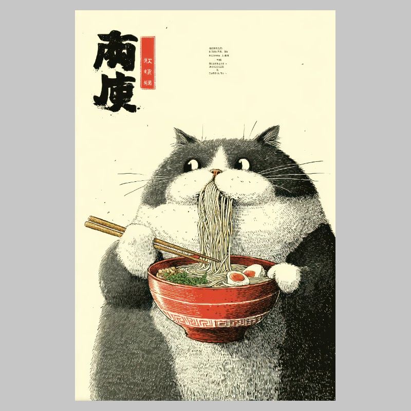 Moonlit Cat Slurping Ramen